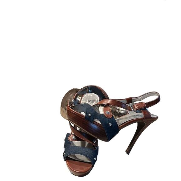 Guess Blue Denim Studded Sandal High Heels Blue & Brown  Size 8M - Picture 2 of 7
